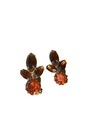 Vintage Amber Rhinestone Clip Earrings Gold Tone Mid Century JB5